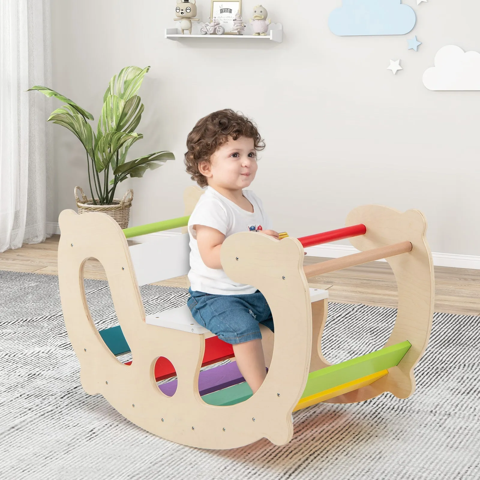 2-in-1 Rocking Horse Arch for Kids with Rocker-Natural