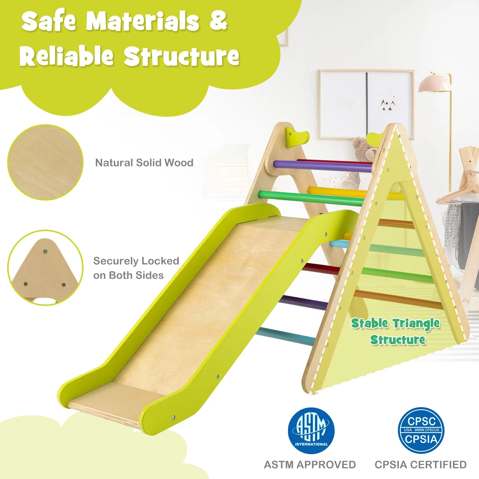 2-in-1 Wooden Triangle Climber Set with Gradient Adjustable Slide-Multicolor