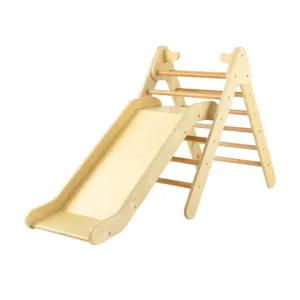 2-in-1 Wooden Triangle Climber Set with Gradient Adjustable Slide-Natural