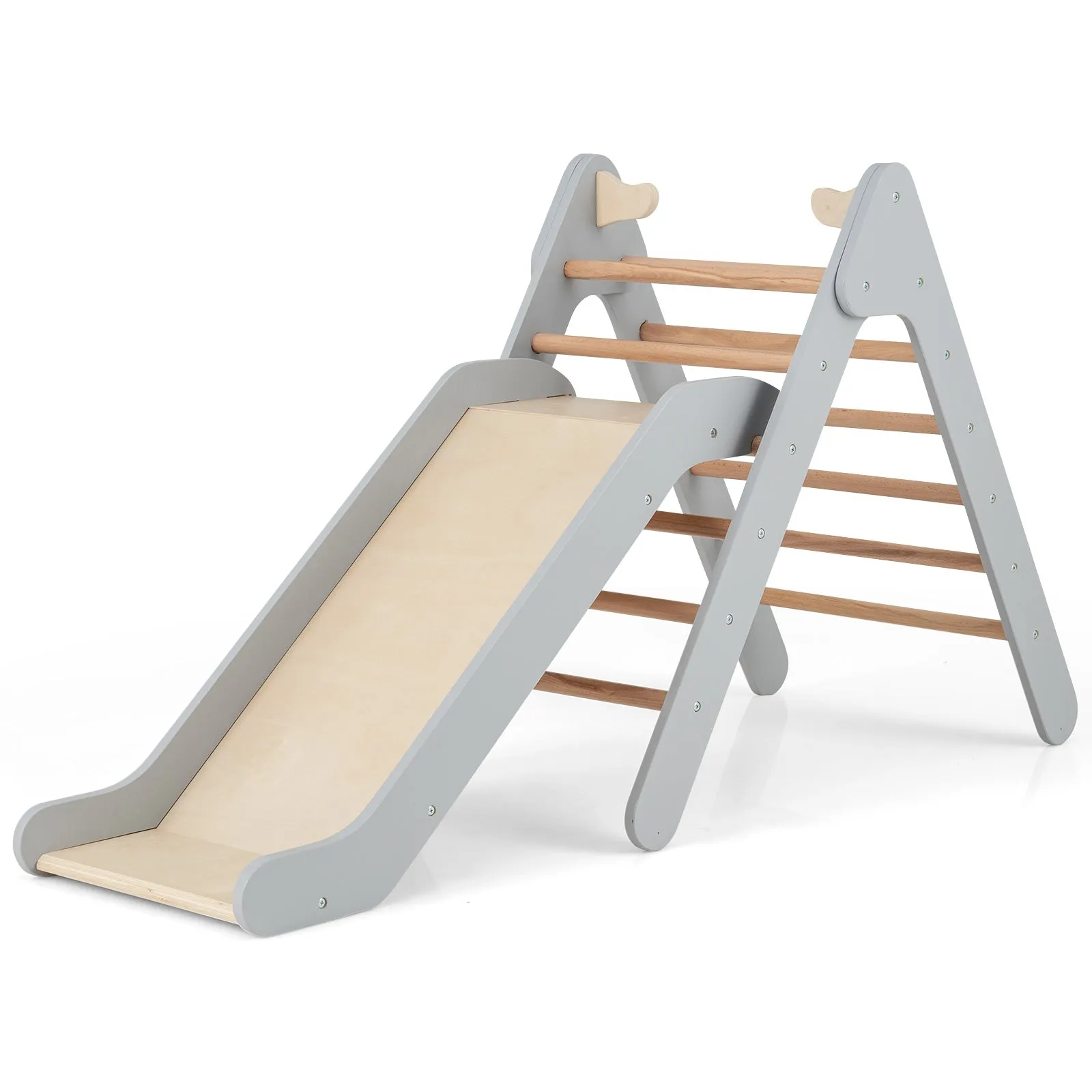 2-in-1 Wooden Triangle Climbing Toy with Gradient Adjustable Slide-Grey