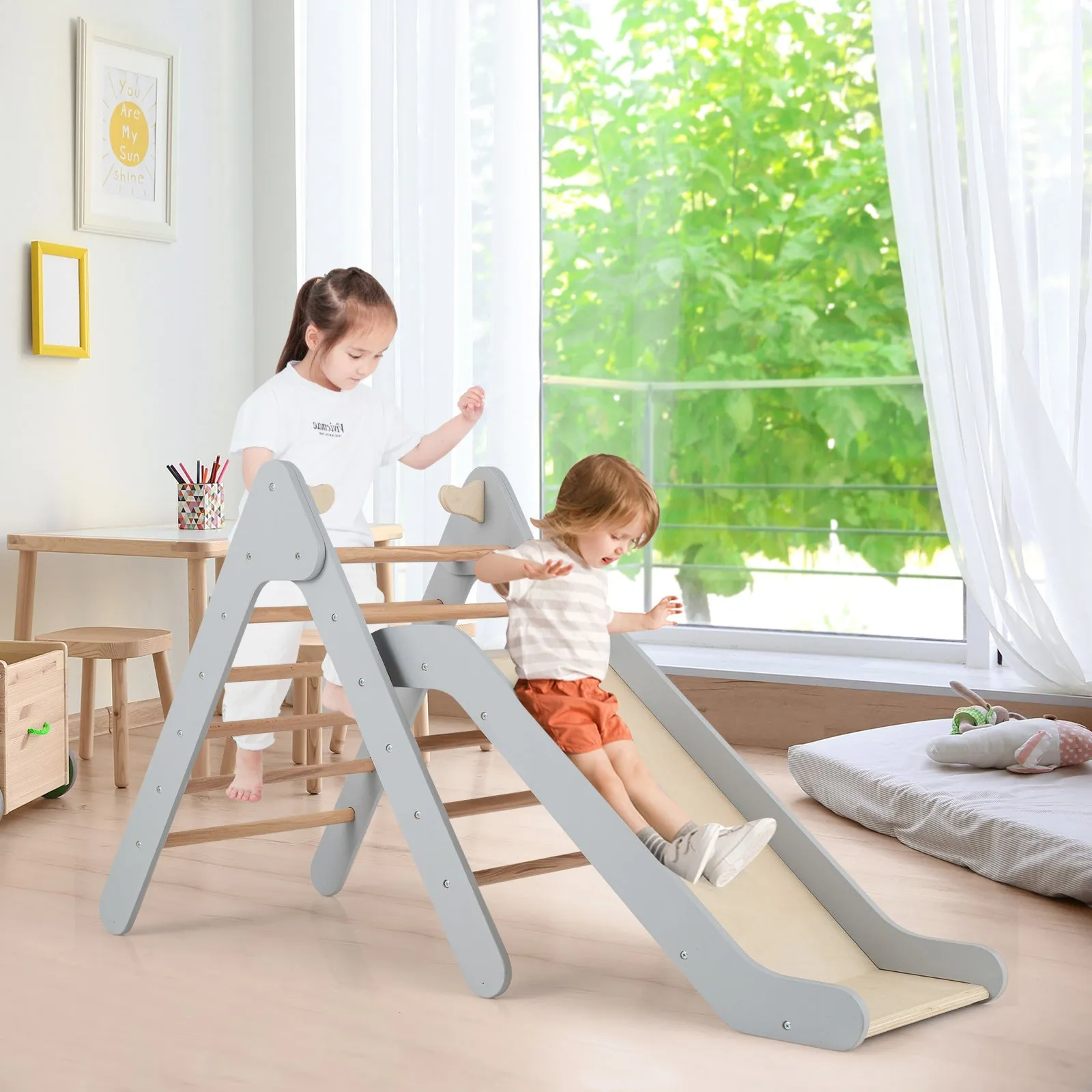 2-in-1 Wooden Triangle Climbing Toy with Gradient Adjustable Slide-Grey