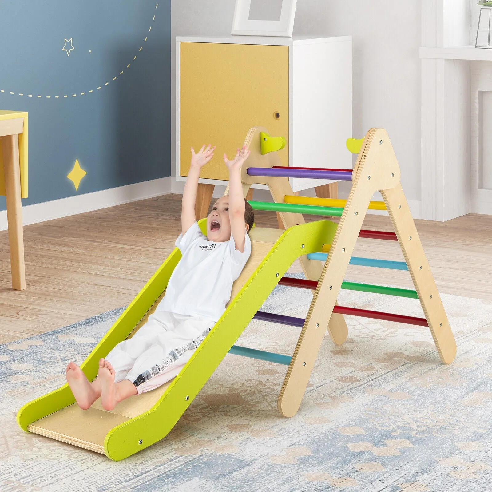 2-in-1 Wooden Triangle Climbing Toy with Gradient Adjustable Slide-Multicolor