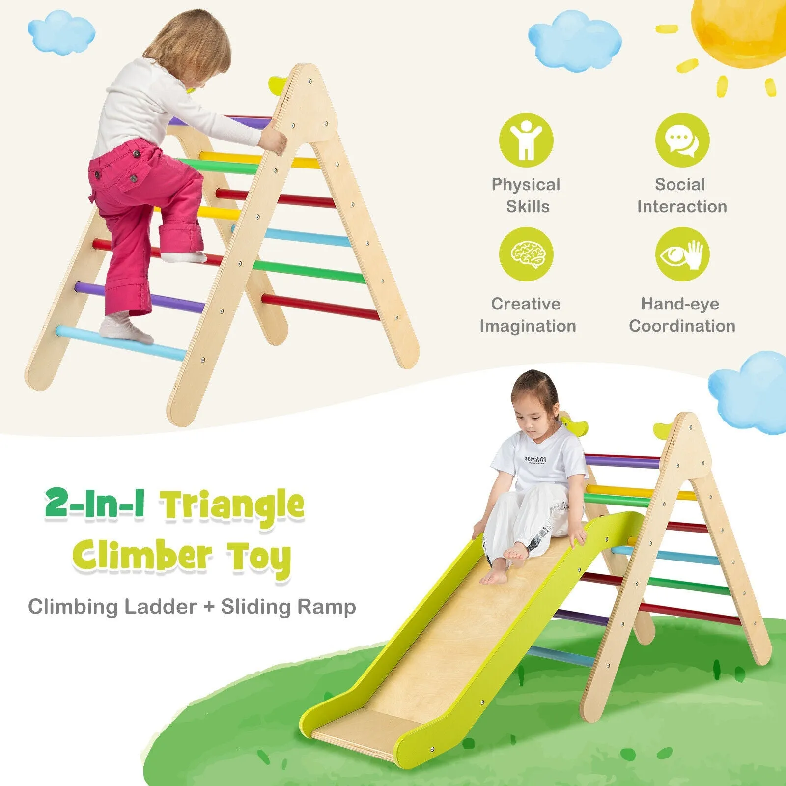 2-in-1 Wooden Triangle Climbing Toy with Gradient Adjustable Slide-Multicolor