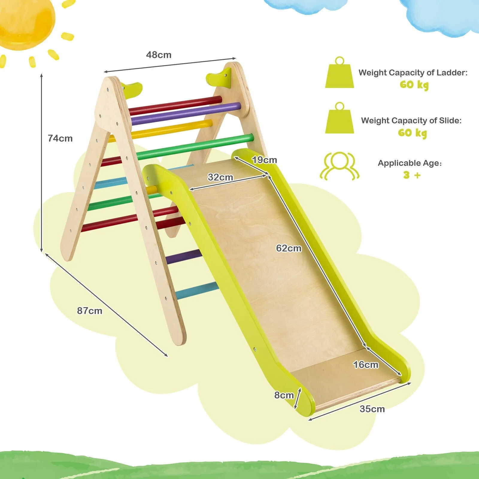 2-in-1 Wooden Triangle Climbing Toy with Gradient Adjustable Slide-Multicolor