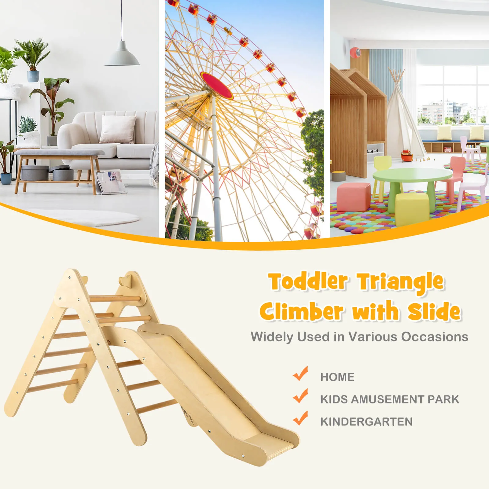 2-in-1 Wooden Triangle Climbing Toy with Gradient Adjustable Slide-Natural