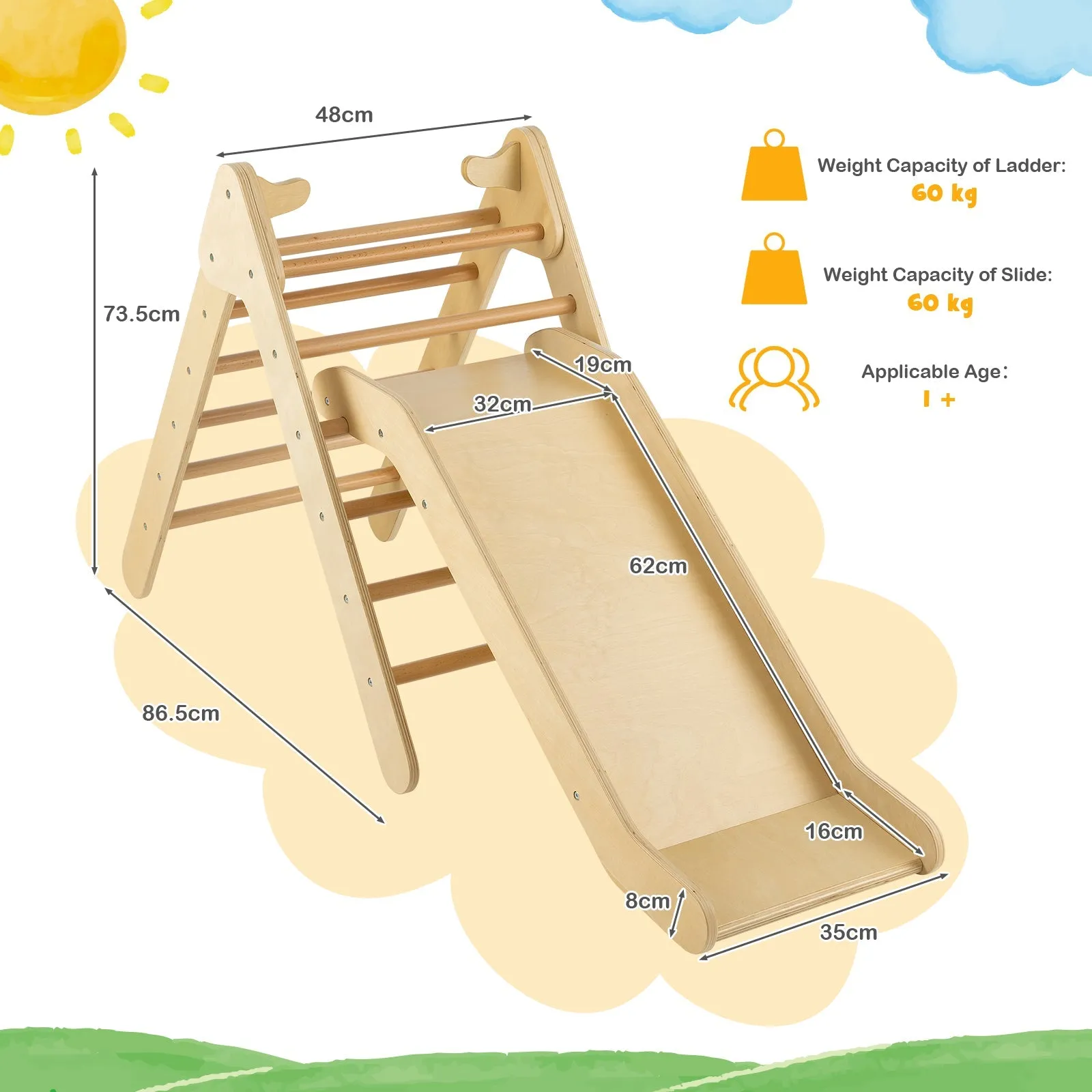 2-in-1 Wooden Triangle Climbing Toy with Gradient Adjustable Slide-Natural