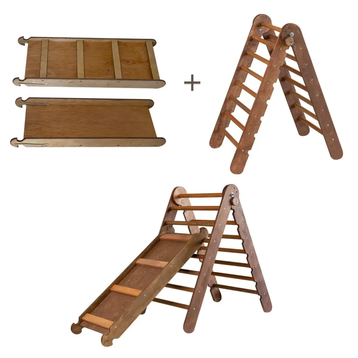 2in1 Montessori Climbing Frame Set: Triangle Ladder   Slide Board/Ramp – Chocolate