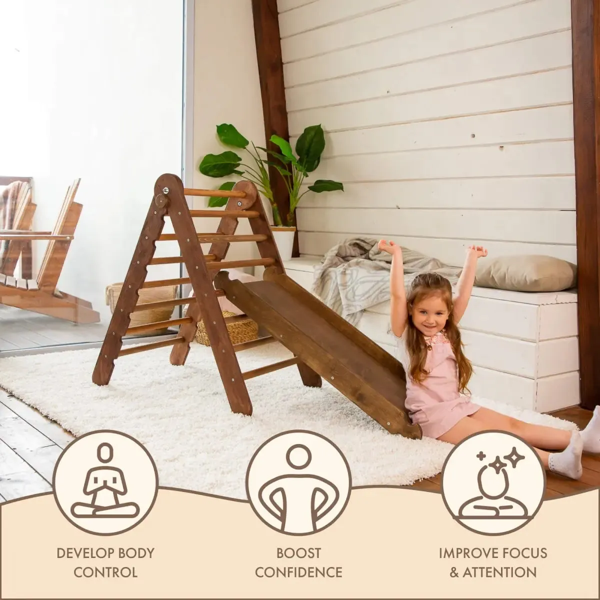 2in1 Montessori Climbing Frame Set: Triangle Ladder   Slide Board/Ramp – Chocolate