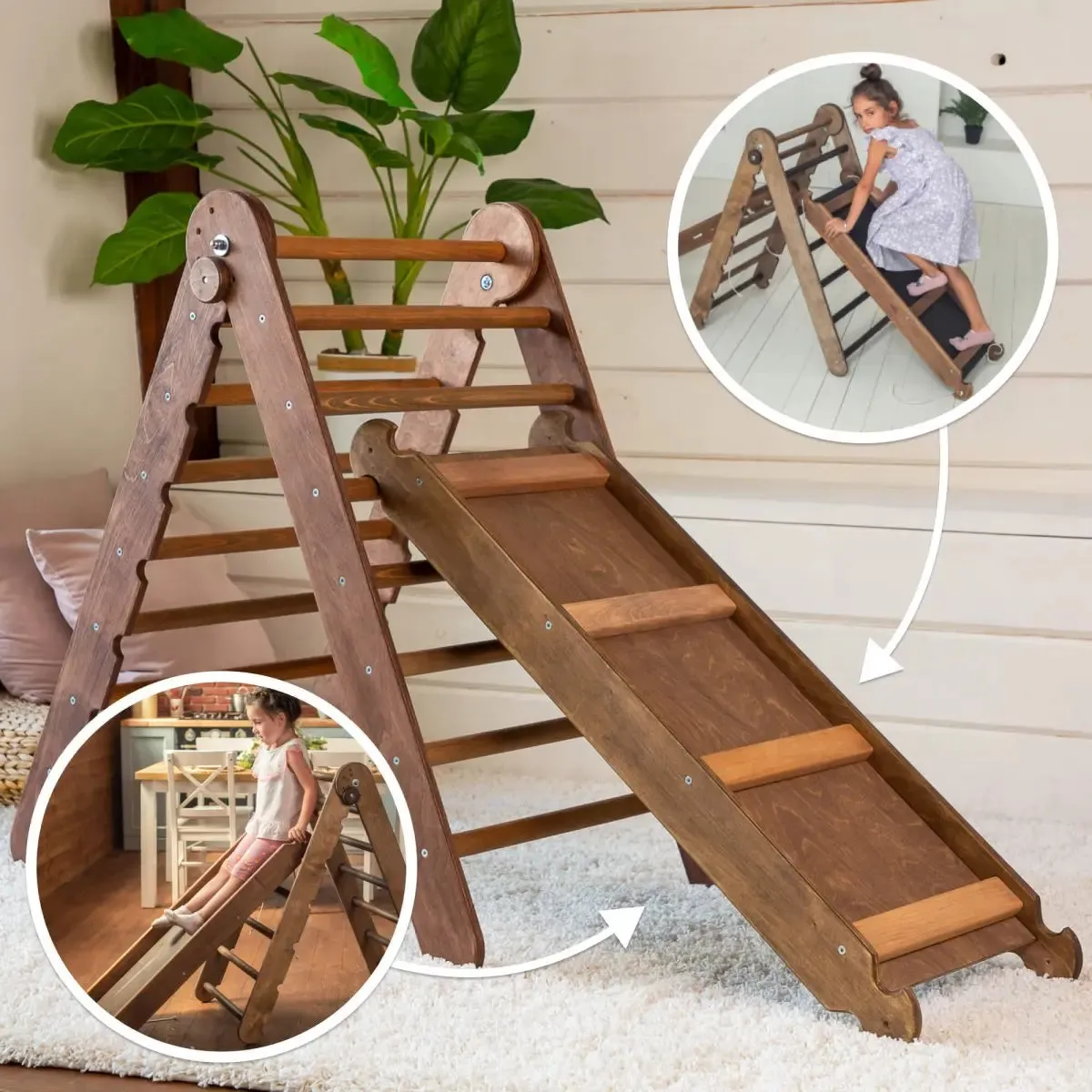 2in1 Montessori Climbing Frame Set: Triangle Ladder   Slide Board/Ramp – Chocolate