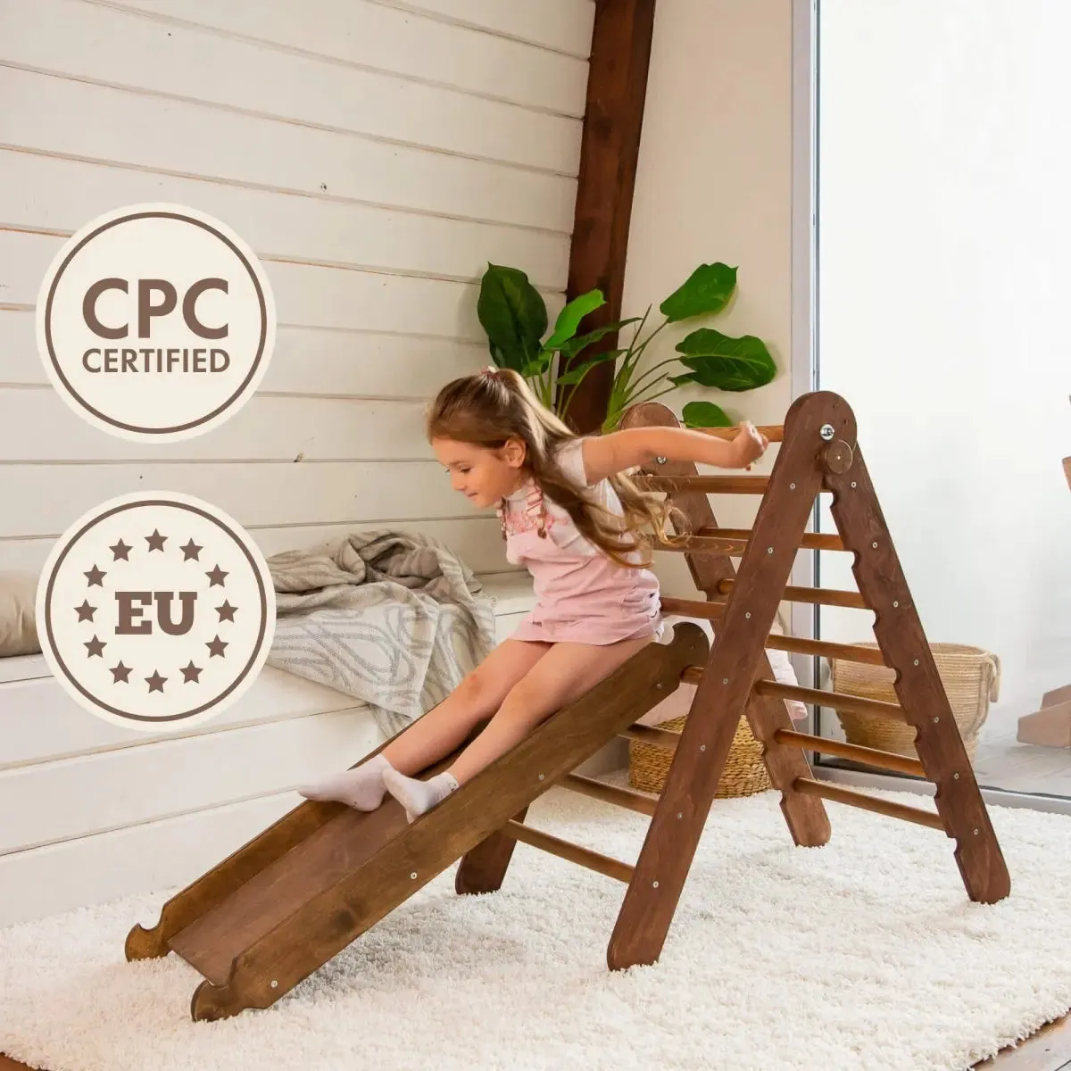 2in1 Montessori Climbing Frame Set: Triangle Ladder   Slide Board/Ramp – Chocolate