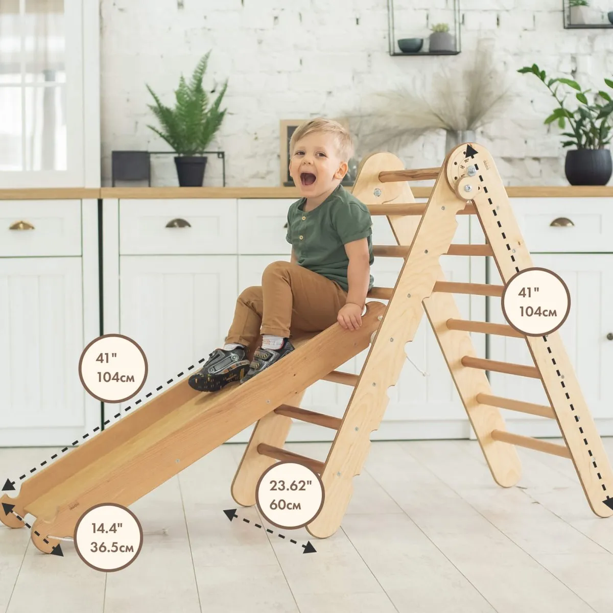 2in1 Montessori Climbing Set: Triangle Ladder   Slide Board/Ramp – Beige