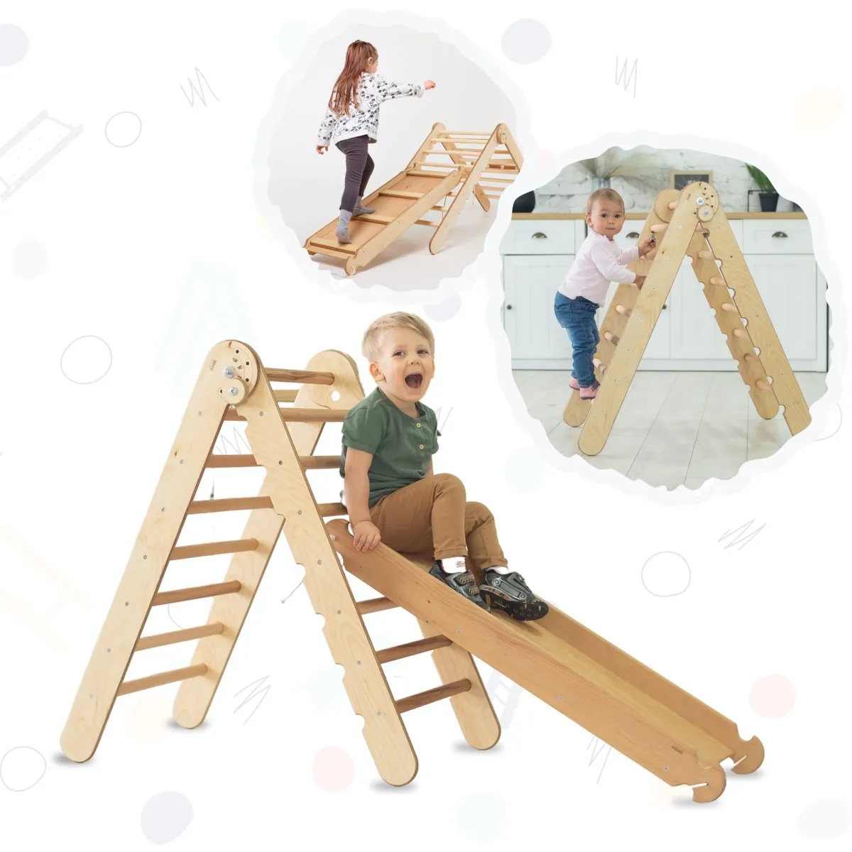 2in1 Montessori Climbing Set: Triangle Ladder   Slide Board/Ramp – Beige