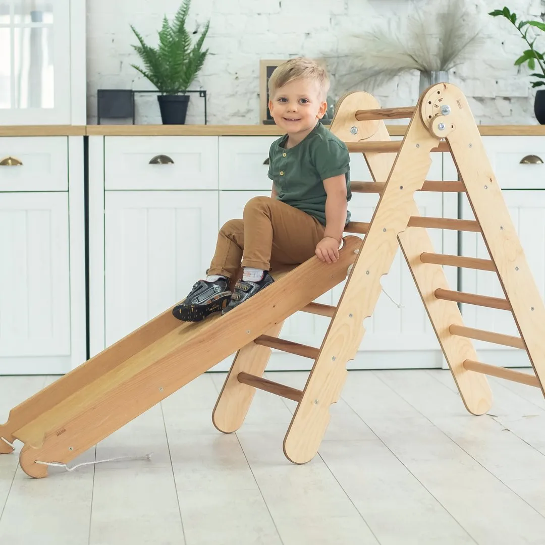 2in1 Montessori Climbing Set: Triangle Ladder   Slide Board/Ramp – Beige