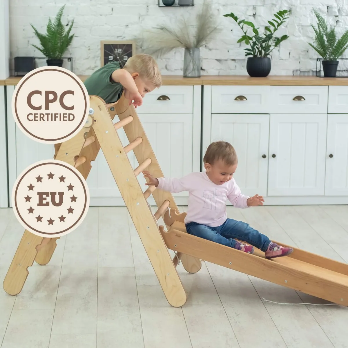 2in1 Montessori Climbing Set: Triangle Ladder   Slide Board/Ramp – Beige