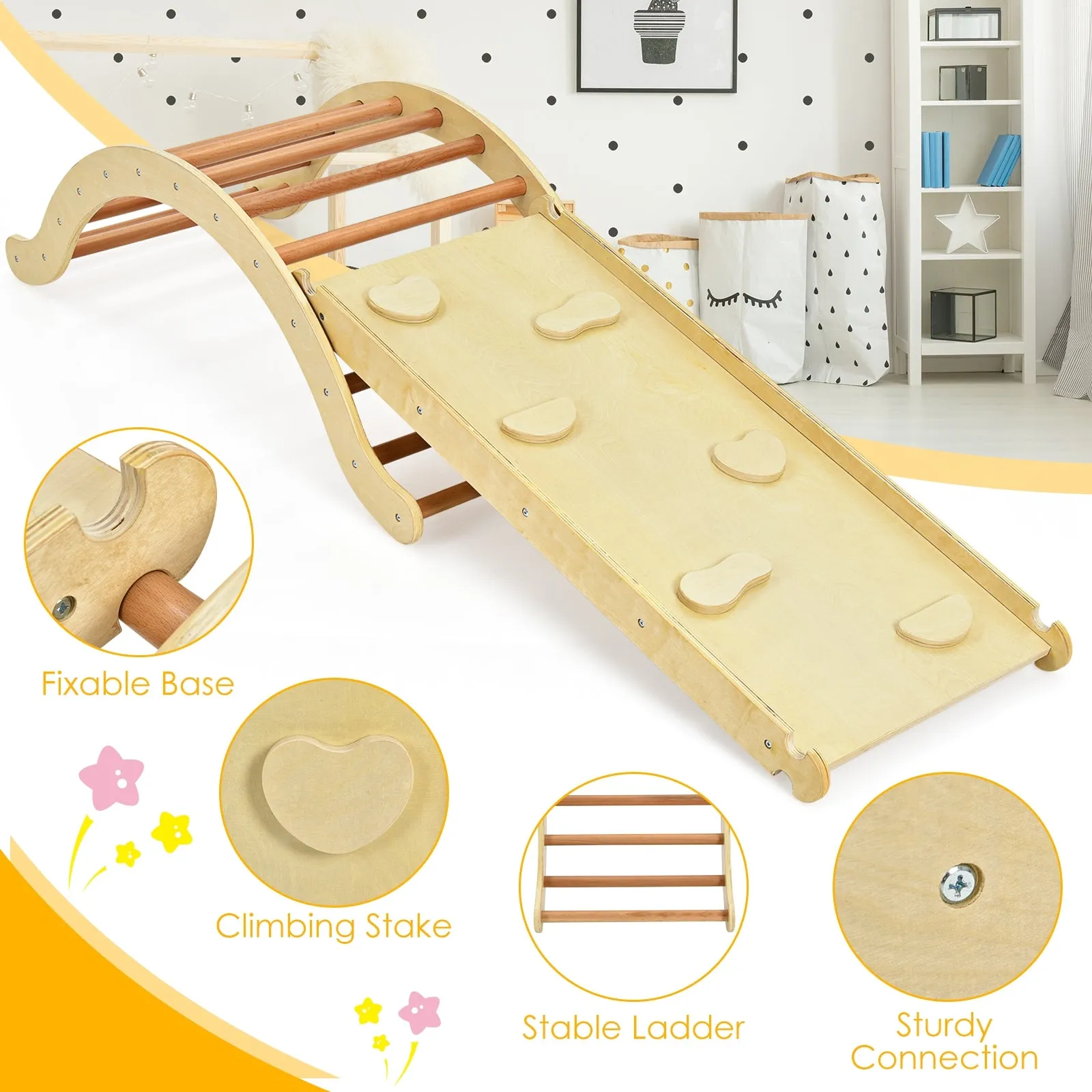 3-in-1 Kids Climber Set Wooden Arch Triangle Rocker with Ramp and Mat - Natural