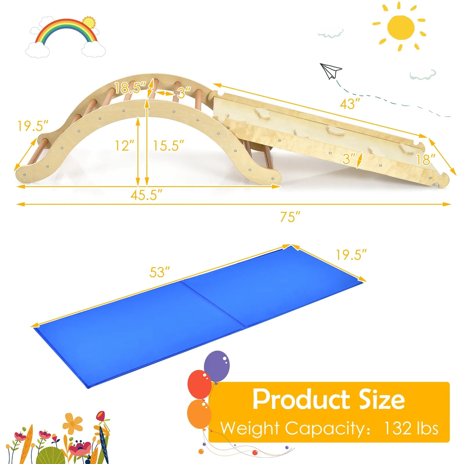 3-in-1 Kids Climber Set Wooden Arch Triangle Rocker with Ramp and Mat - Natural