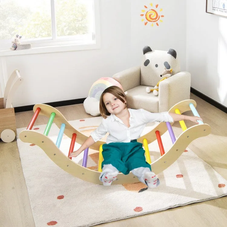 3-in-1 Kids Climber Set Wooden Arch Triangle Rocker with Ramp and Mat - Yellow