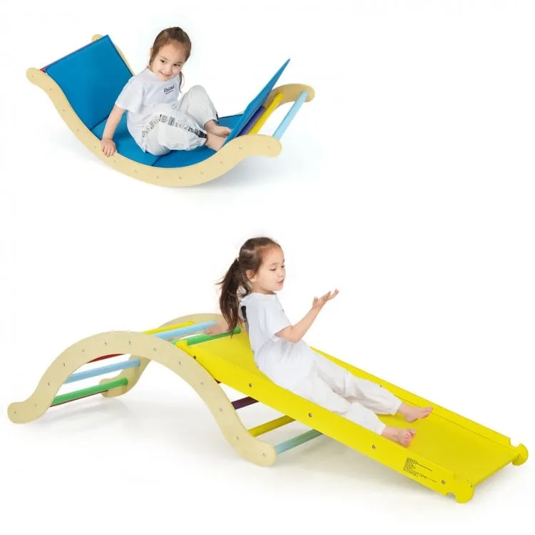 3-in-1 Kids Climber Set Wooden Arch Triangle Rocker with Ramp and Mat - Yellow