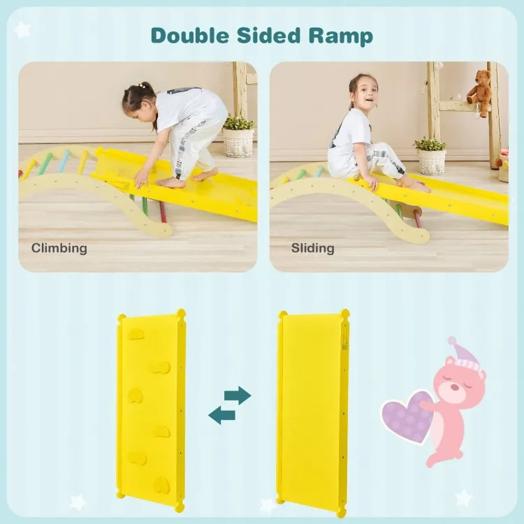 3-in-1 Kids Climber Set Wooden Arch Triangle Rocker with Ramp and Mat - Yellow