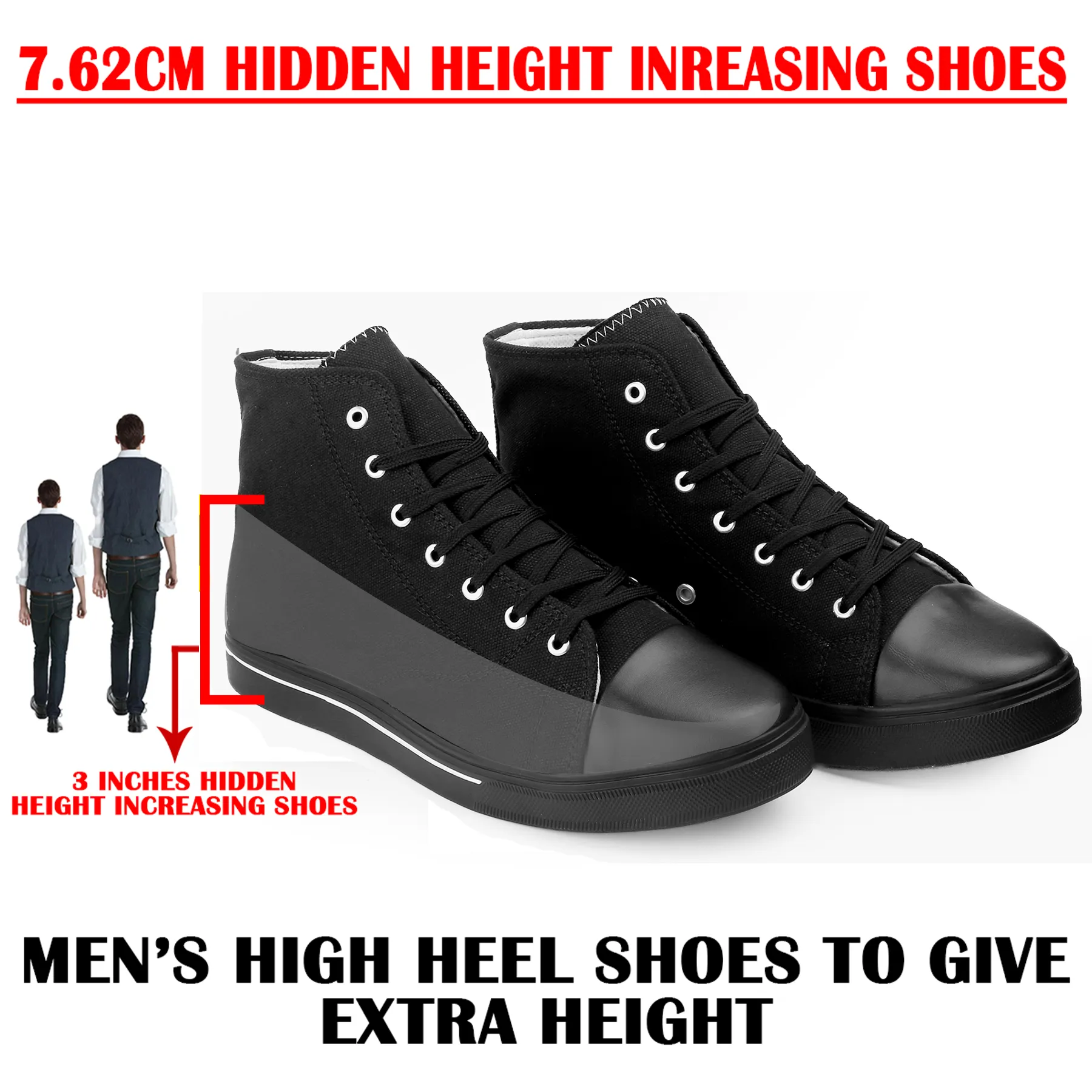 3 Inches Hidden Height Increasing Classic Canvas Elevator Shoes for all day Comfort and Styling