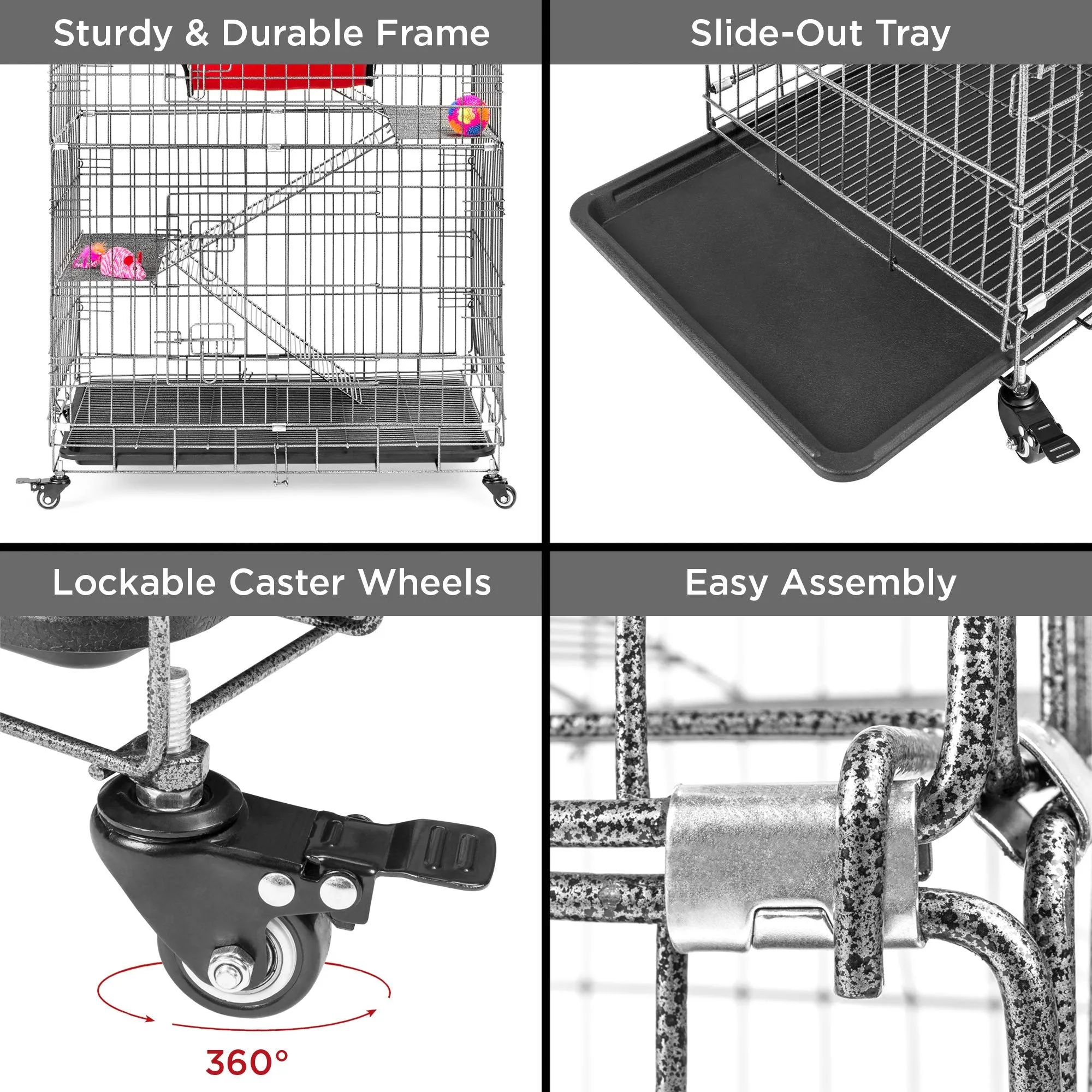 30x19x43in 4-Tier Cat Cage Playpen Crate w/ Hammock, Wheels, Shelves