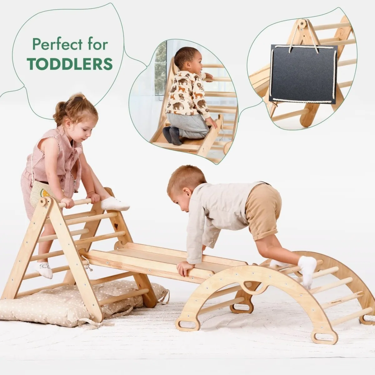 4in1 Toddler Climbing Set: Triangle Ladder   Climbing Arch   Slide Board   Cushion Beige