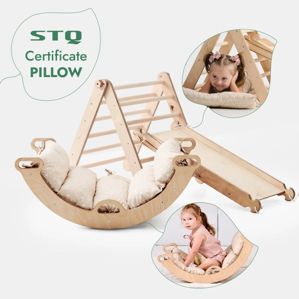 4in1 Toddler Climbing Set: Triangle Ladder   Climbing Arch   Slide Board   Cushion Beige