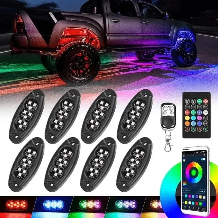 8 pods LED RGB Rock Lights underglow kit For Jeep UTV Universal Car