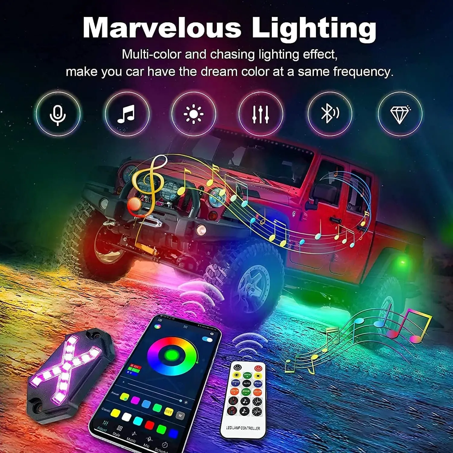 8 pods LED RGB Rock Lights underglow kit For Jeep UTV Universal Car