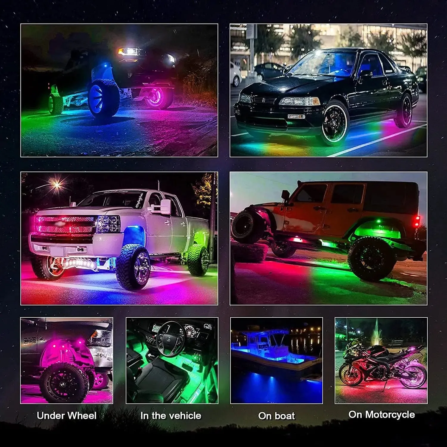 8 pods LED RGB Rock Lights underglow kit For Jeep UTV Universal Car