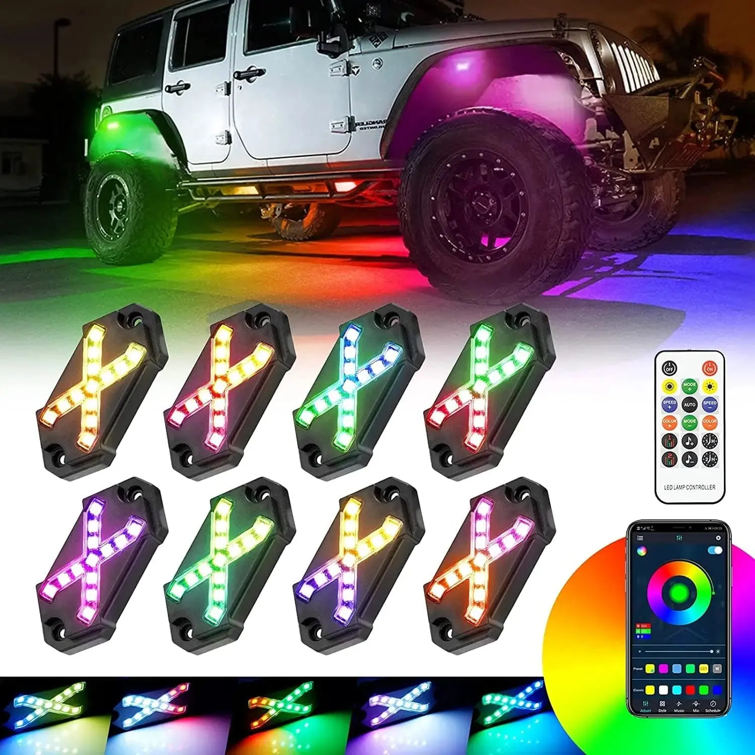 8 pods LED RGB Rock Lights underglow kit For Jeep UTV Universal Car