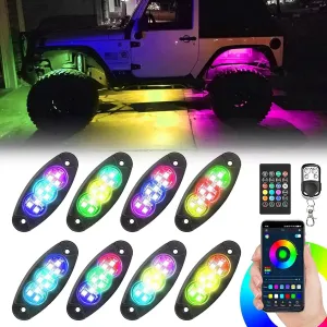 8 pods LED RGB Rock Lights underglow kit For Jeep UTV Universal Car