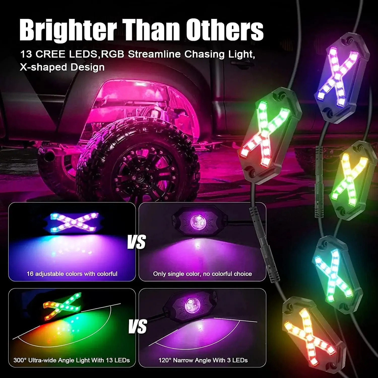 8 pods LED RGB Rock Lights underglow kit For Jeep UTV Universal Car