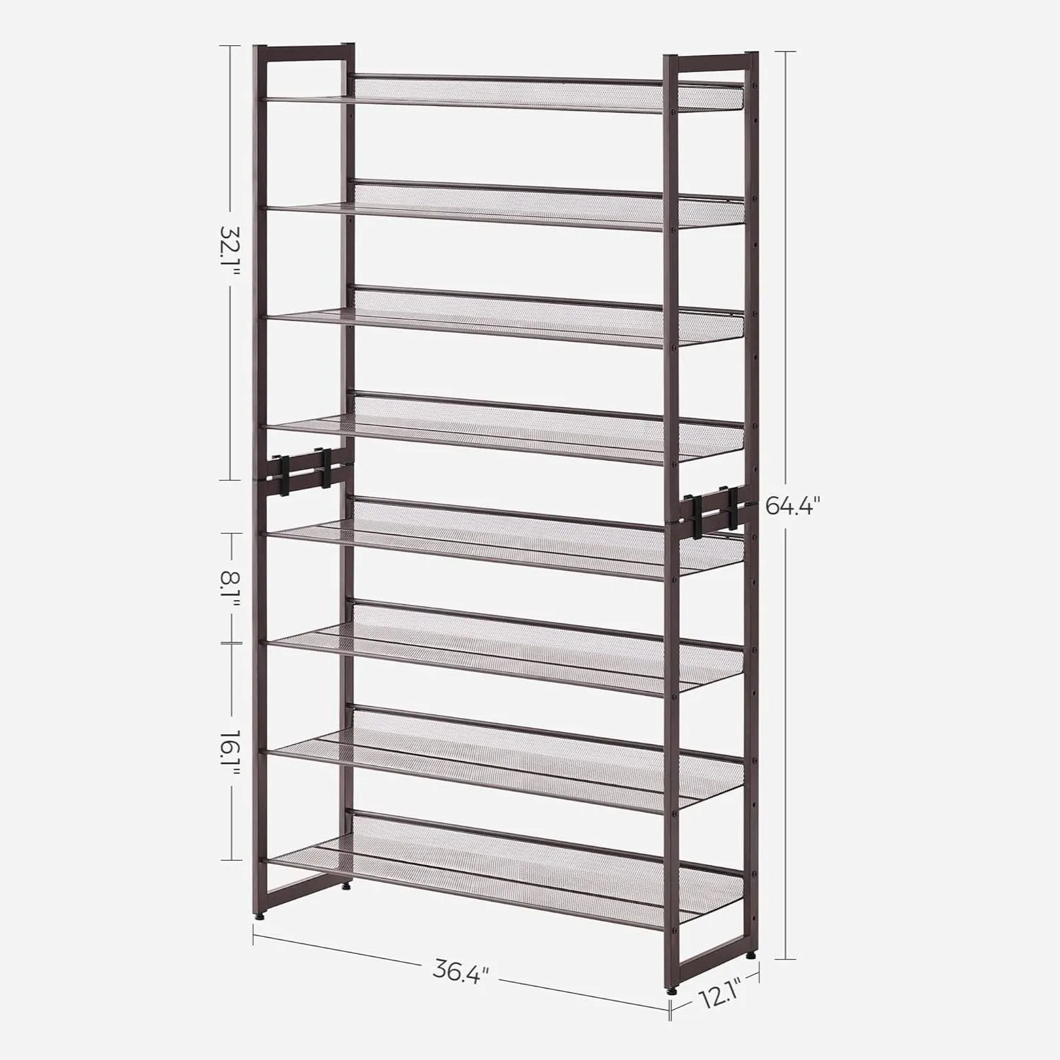 Adjustable 8-Tier Shoe Rack 32-40 Pairs, Metal, Bronze - SONGMICS