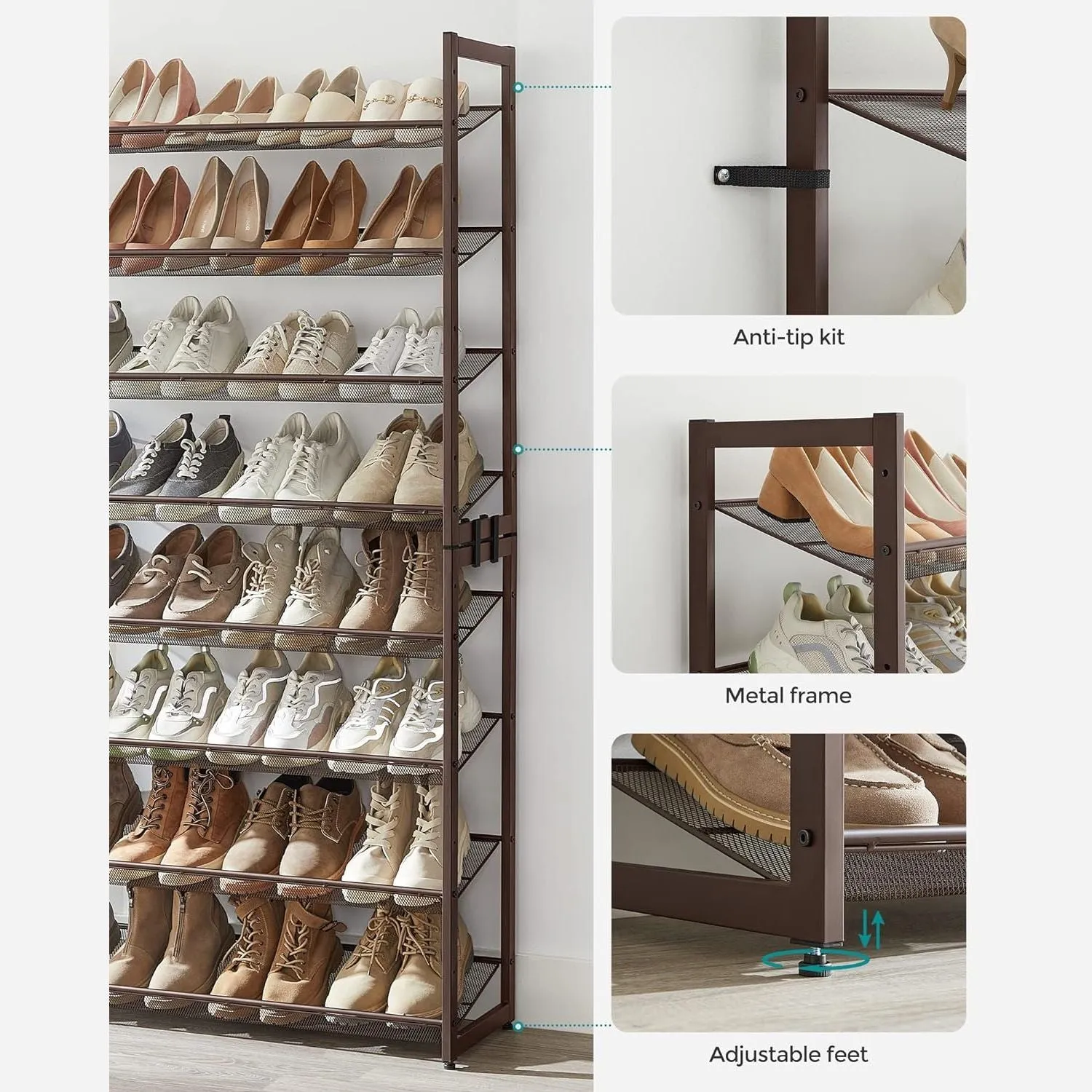 Adjustable 8-Tier Shoe Rack 32-40 Pairs, Metal, Bronze - SONGMICS