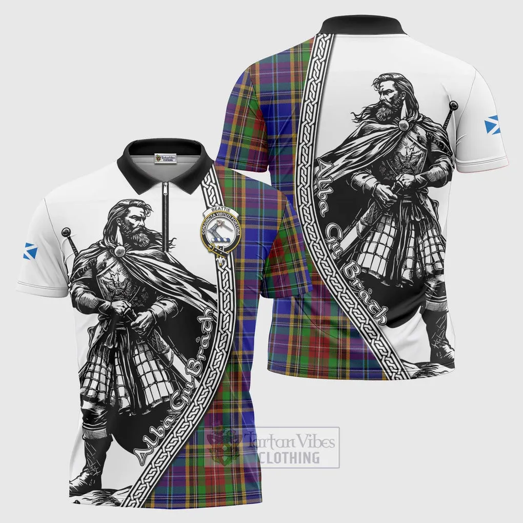 Beattie (Beatty) Tartan Clan Crest Zipper Polo Shirt with Highlander Warrior Celtic Style