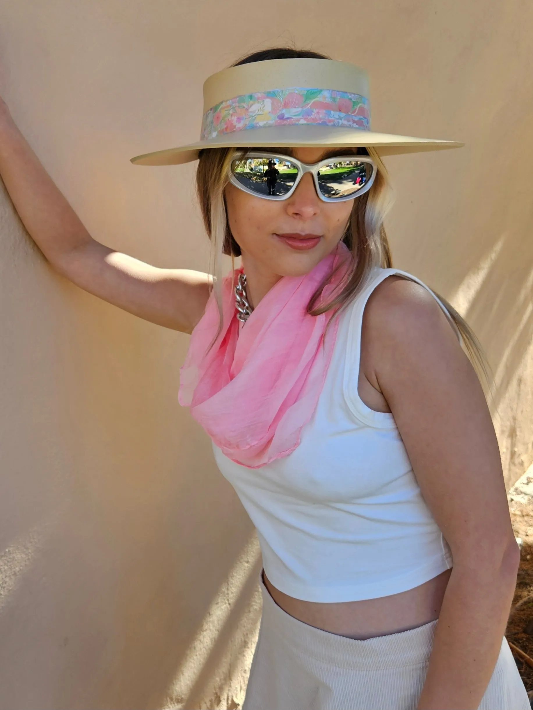 Beige "LadyEVA" Visor Hat with Bright Pastel Multicolor Floral Band