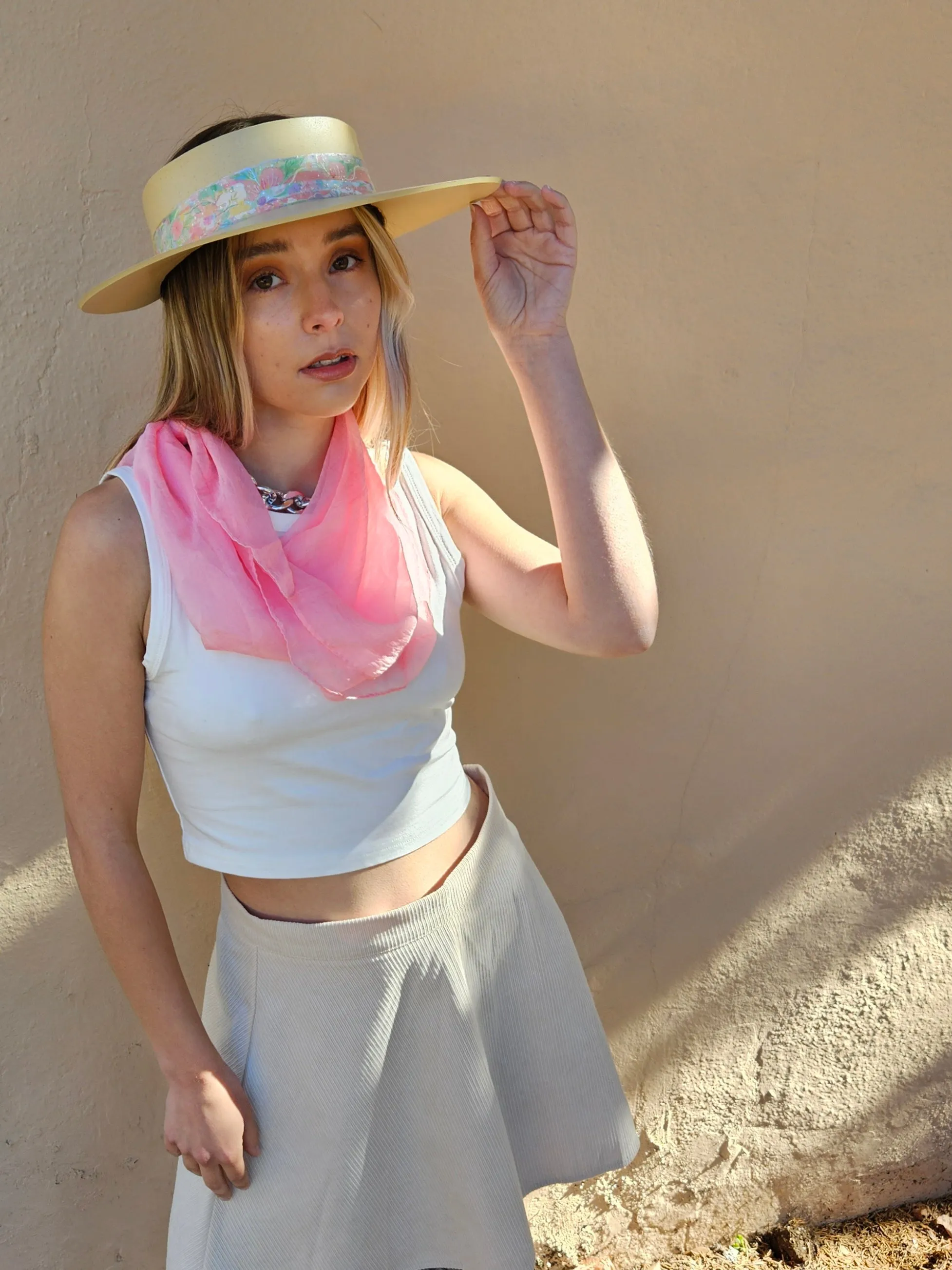 Beige "LadyEVA" Visor Hat with Bright Pastel Multicolor Floral Band