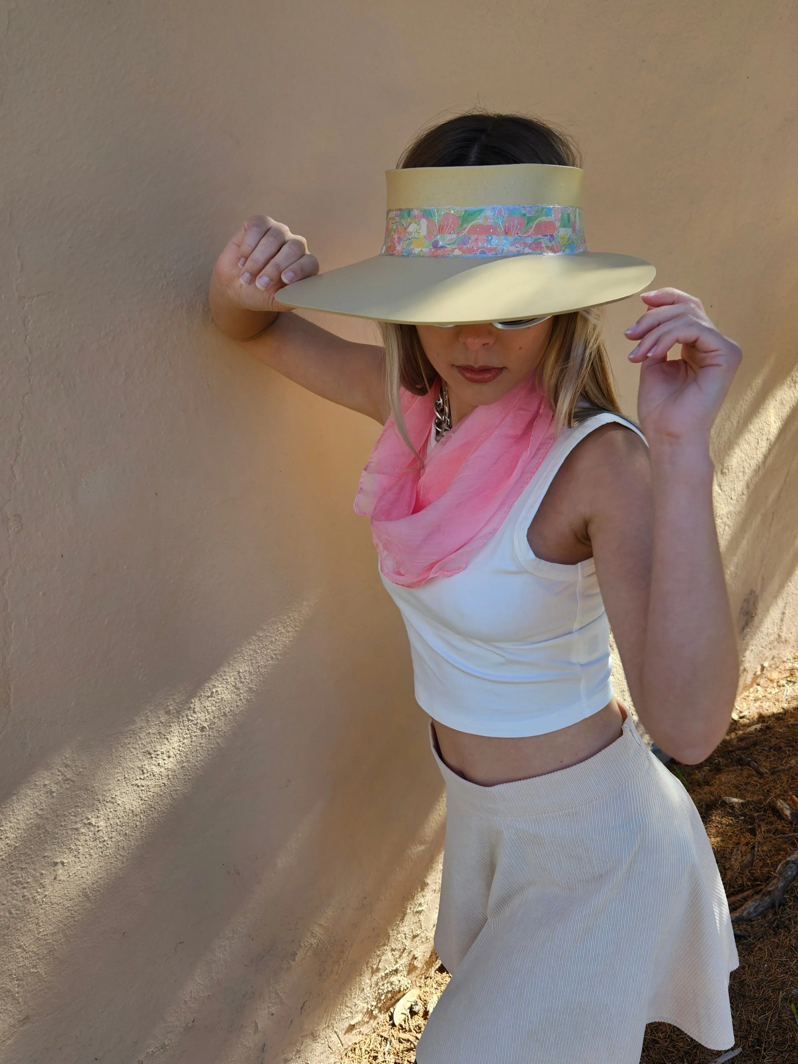 Beige "LadyEVA" Visor Hat with Bright Pastel Multicolor Floral Band