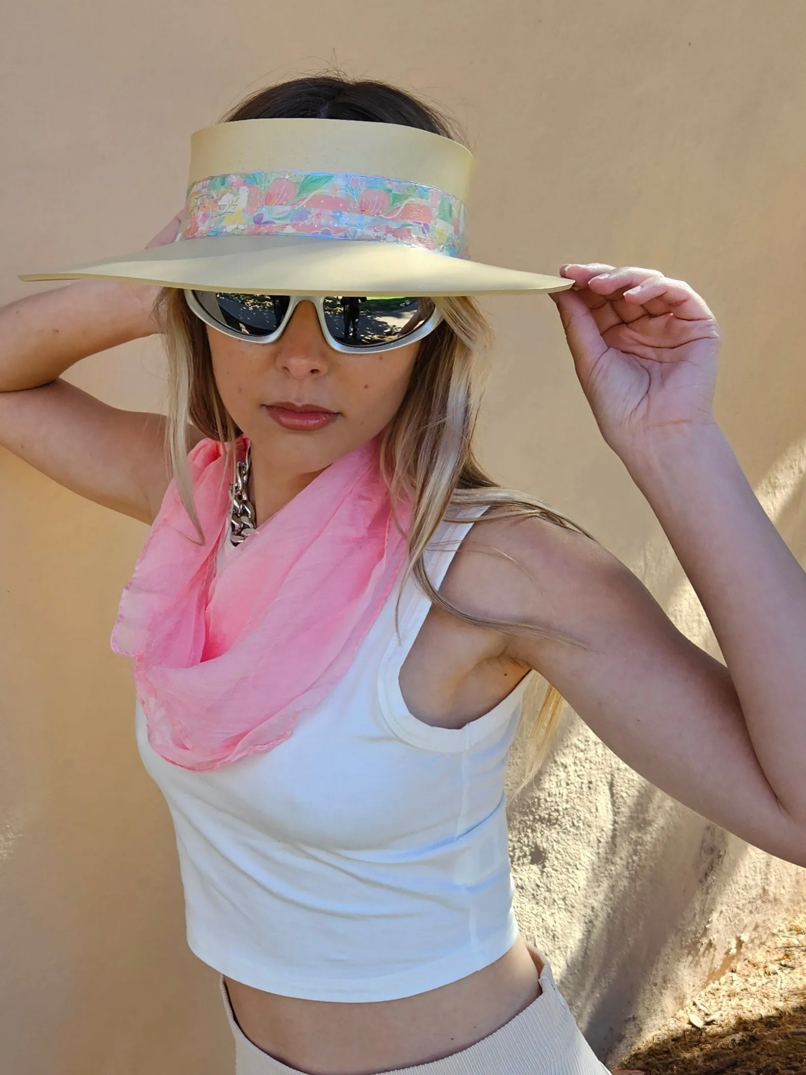 Beige "LadyEVA" Visor Hat with Bright Pastel Multicolor Floral Band