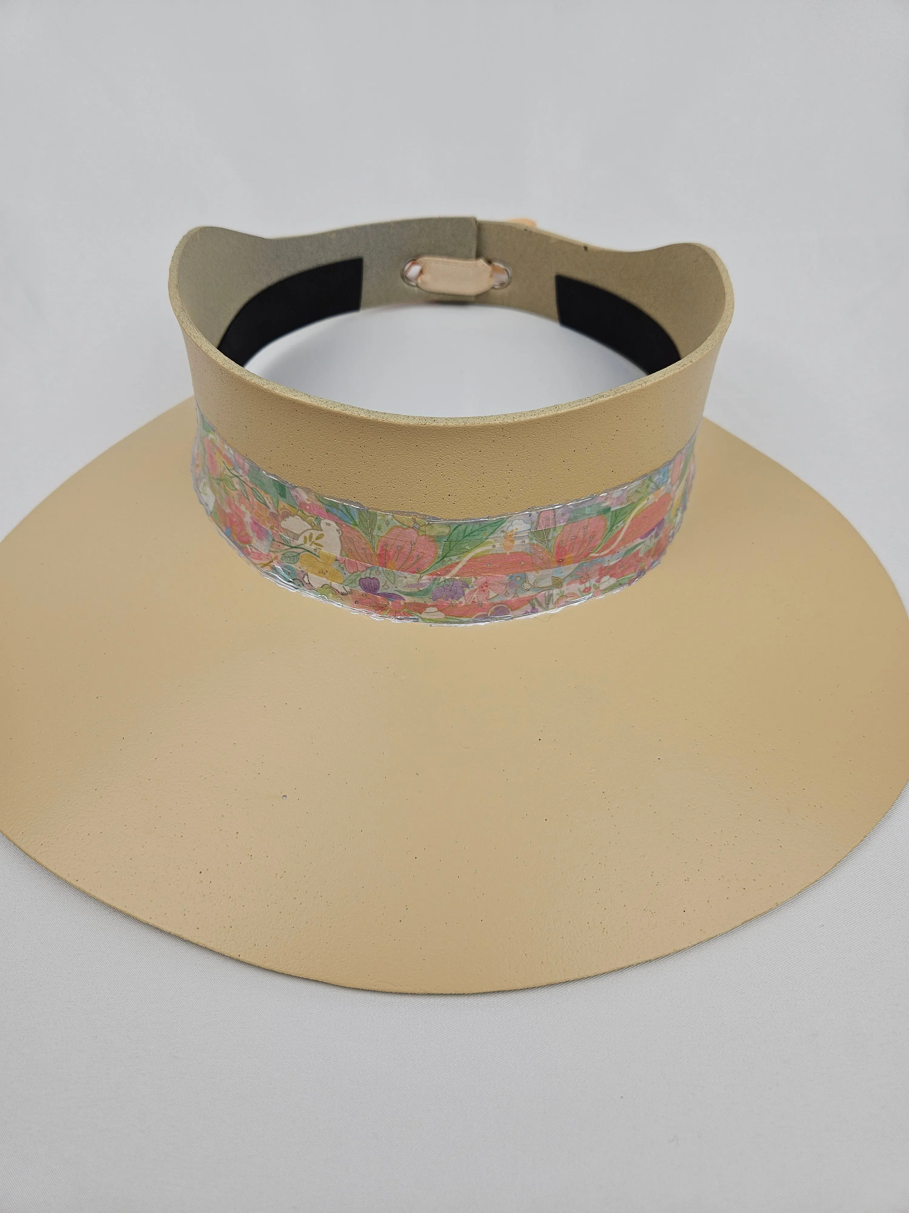 Beige "LadyEVA" Visor Hat with Bright Pastel Multicolor Floral Band