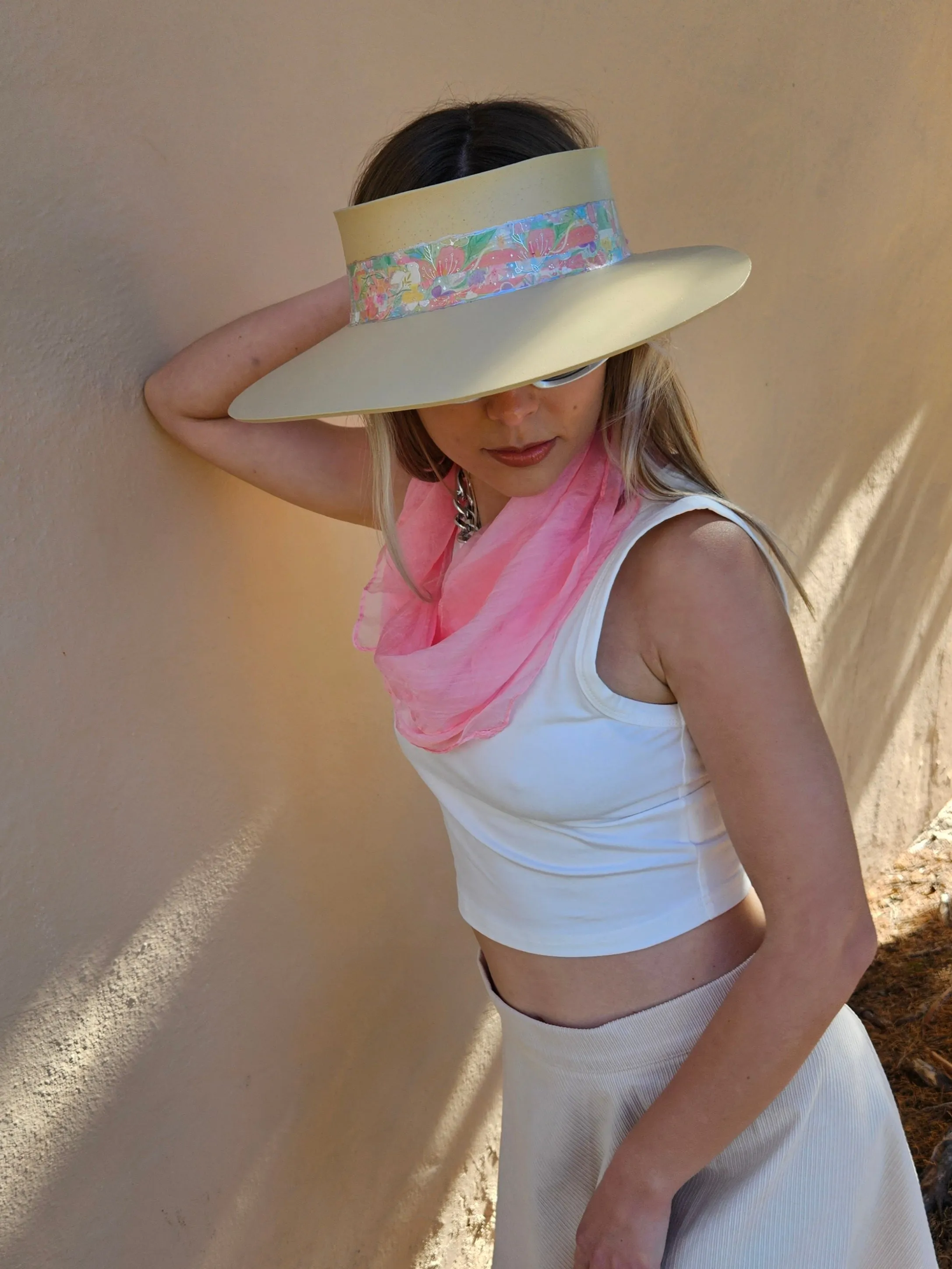 Beige "LadyEVA" Visor Hat with Bright Pastel Multicolor Floral Band