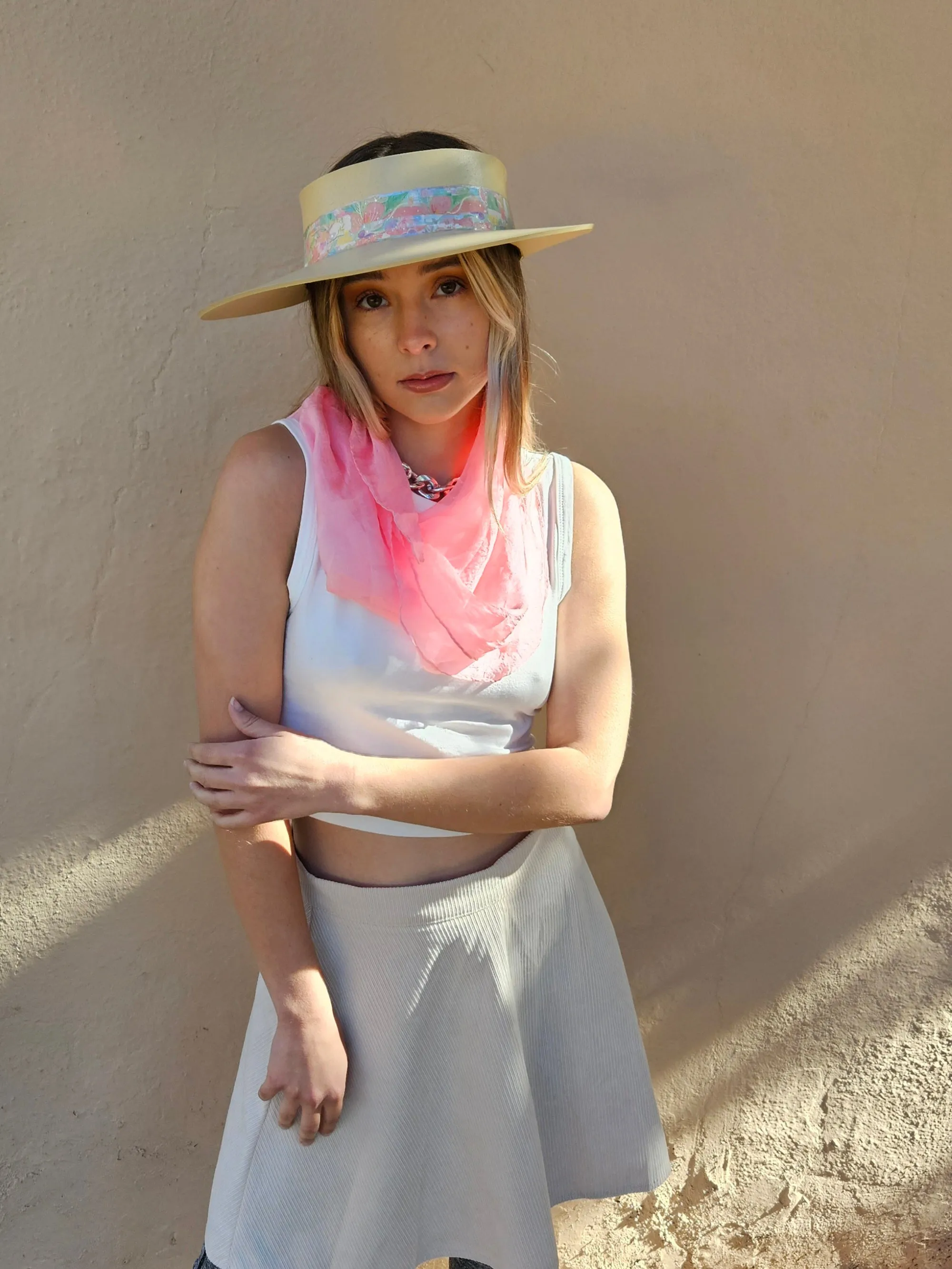 Beige "LadyEVA" Visor Hat with Bright Pastel Multicolor Floral Band