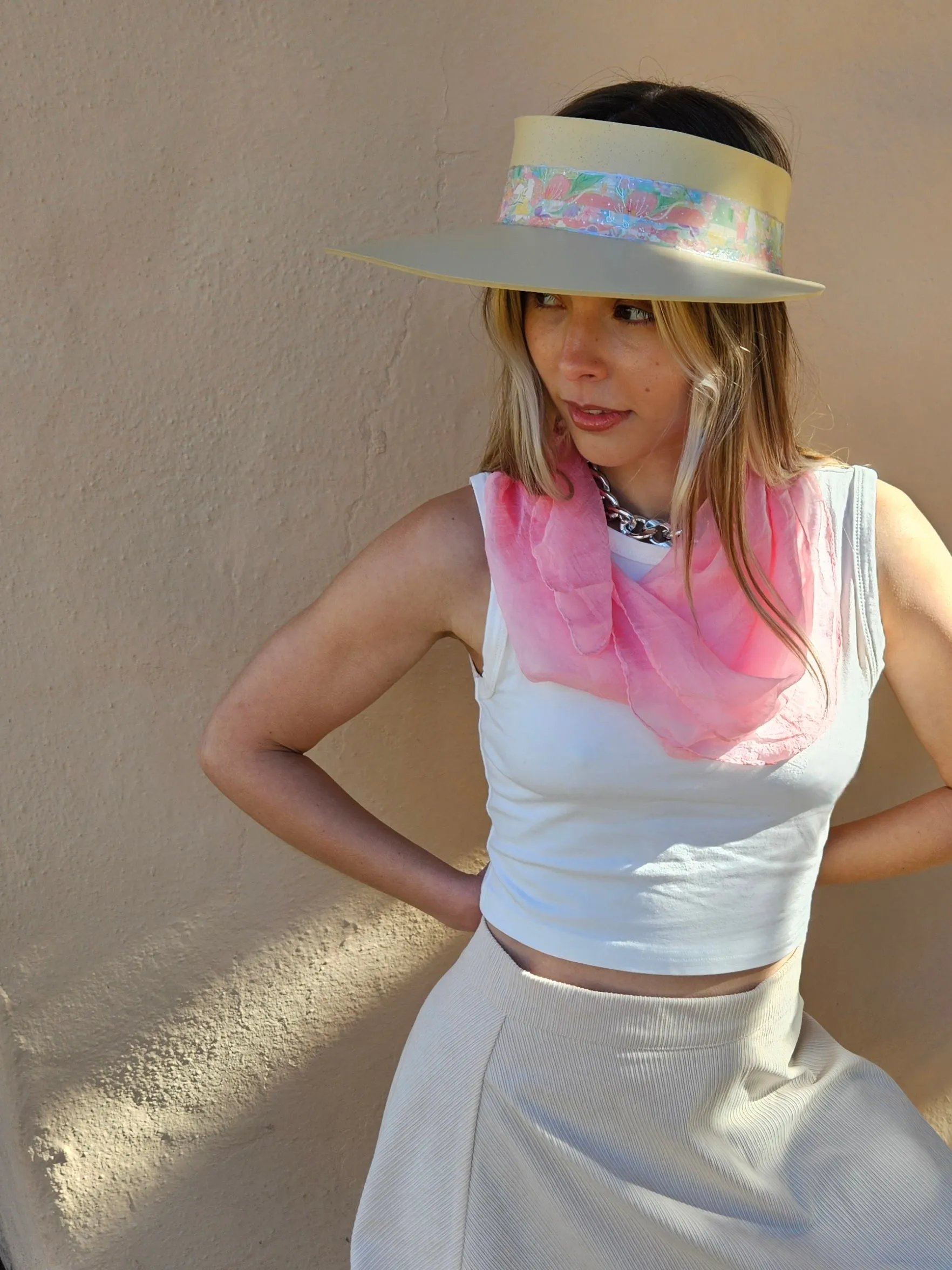 Beige "LadyEVA" Visor Hat with Bright Pastel Multicolor Floral Band