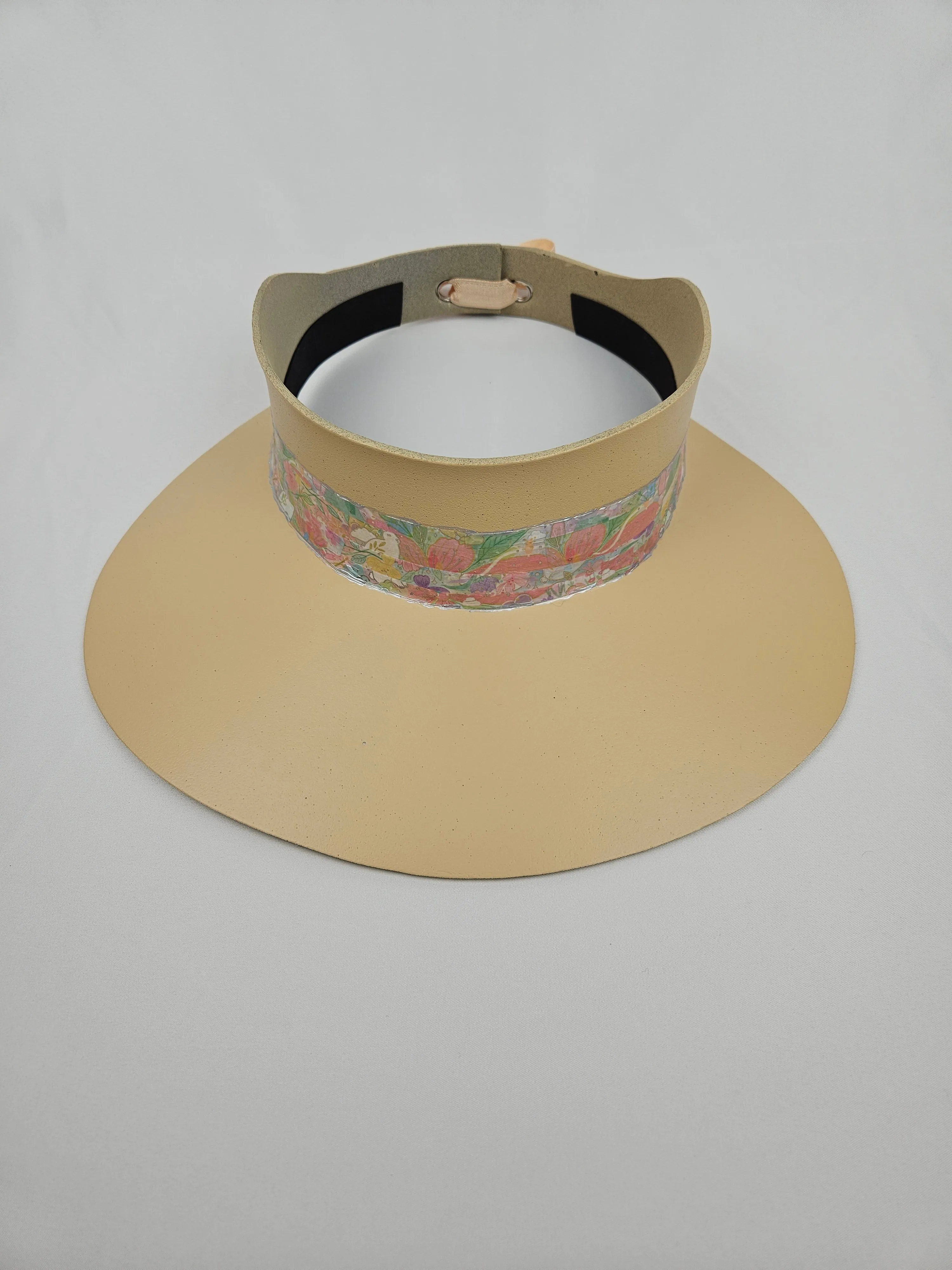 Beige "LadyEVA" Visor Hat with Bright Pastel Multicolor Floral Band