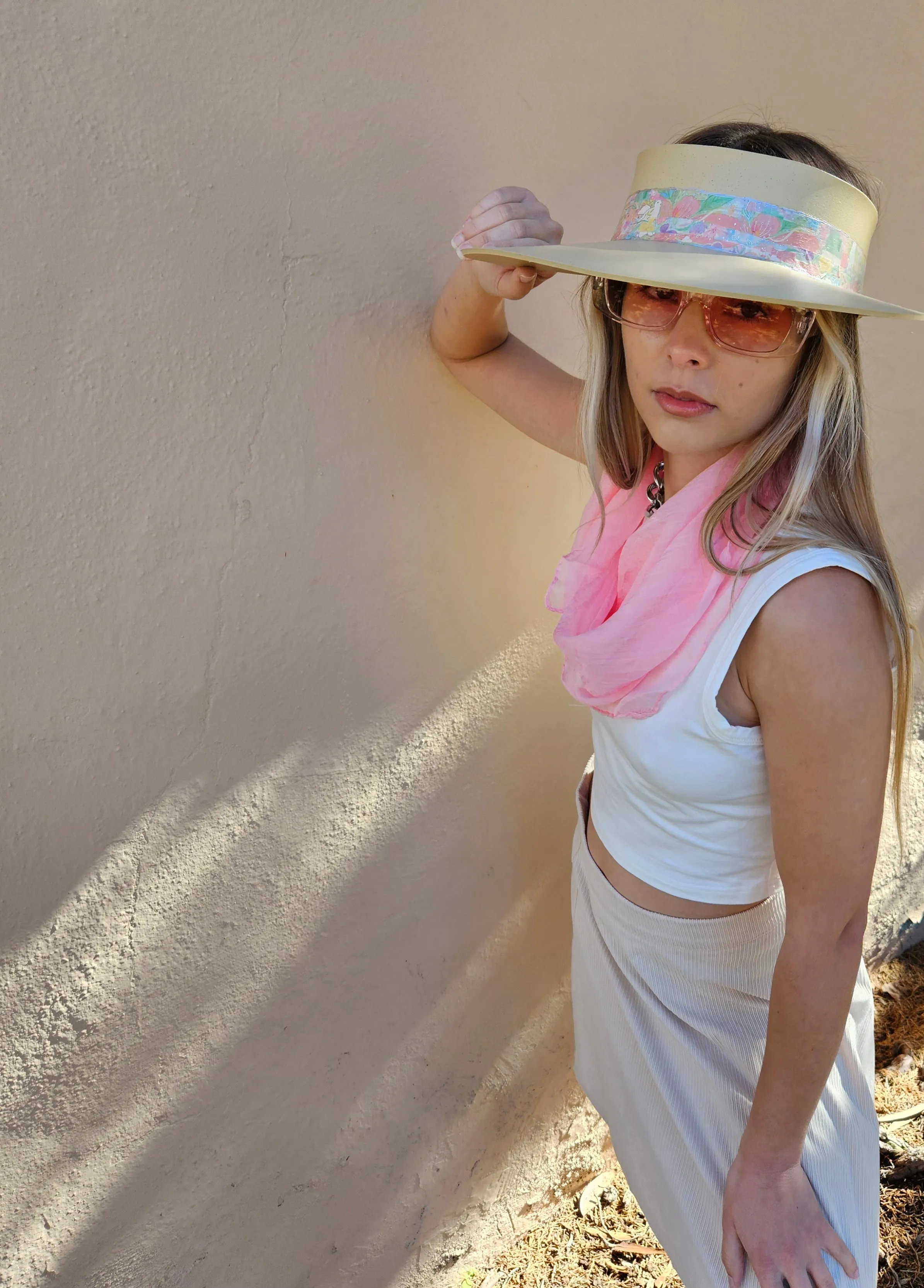 Beige "LadyEVA" Visor Hat with Bright Pastel Multicolor Floral Band