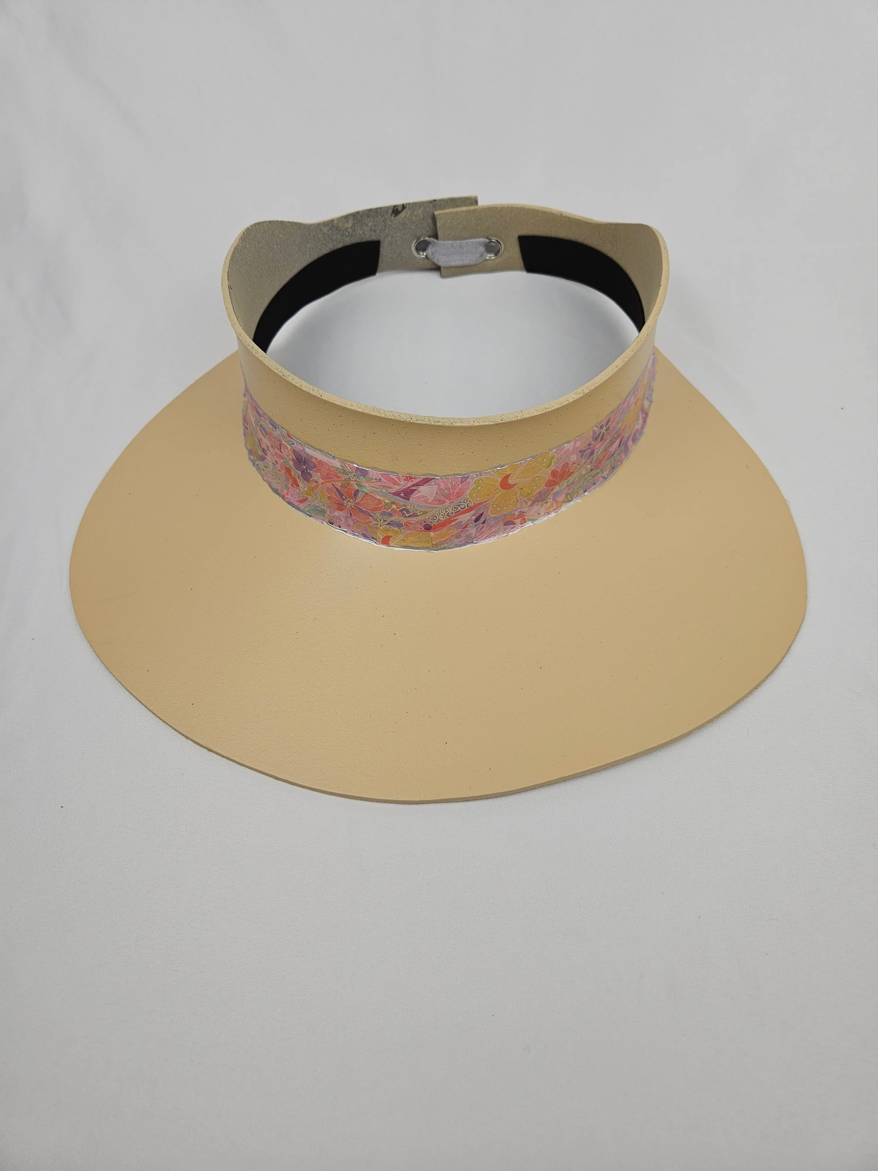 Beige "LadyEVA" Visor Hat with Bright Pastel Pink Floral Band