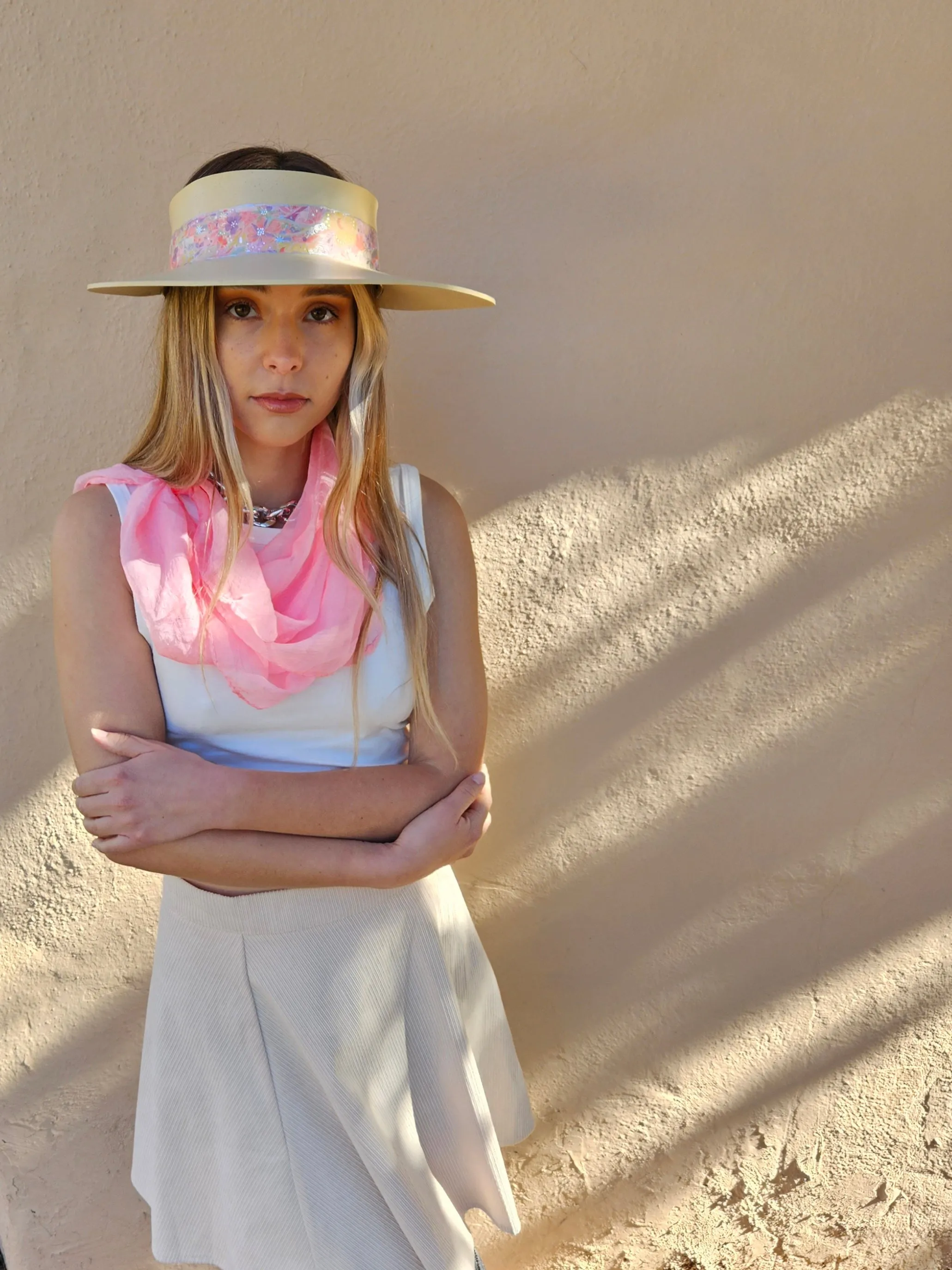 Beige "LadyEVA" Visor Hat with Bright Pastel Pink Floral Band