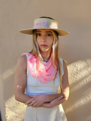 Beige "LadyEVA" Visor Hat with Bright Pastel Pink Floral Band