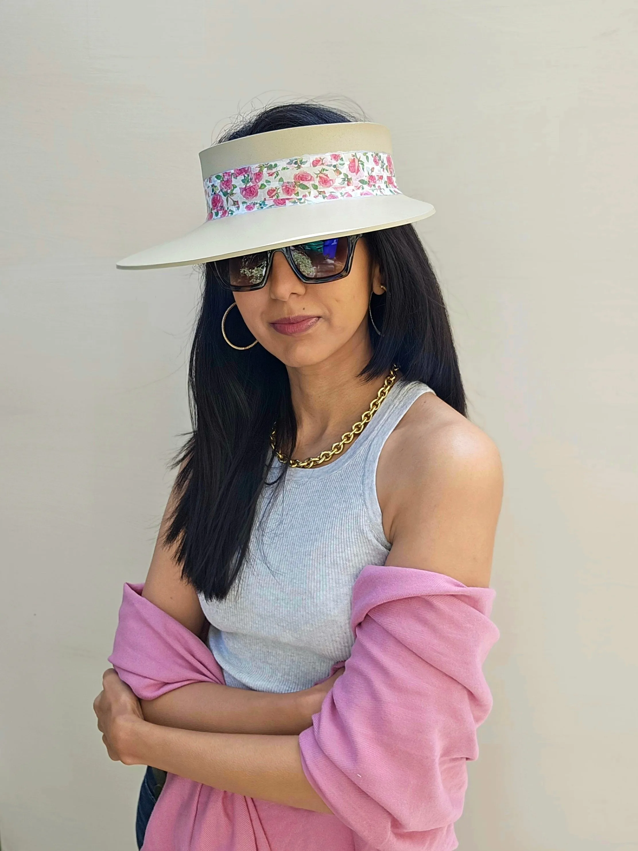 Beige "LadyEVA" Visor Hat with Bright Pink Floral Band